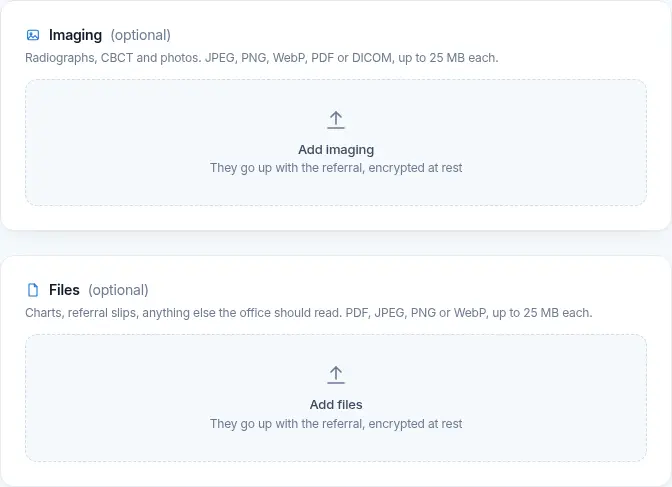 The eReferral new referral form with the imaging and files upload areas